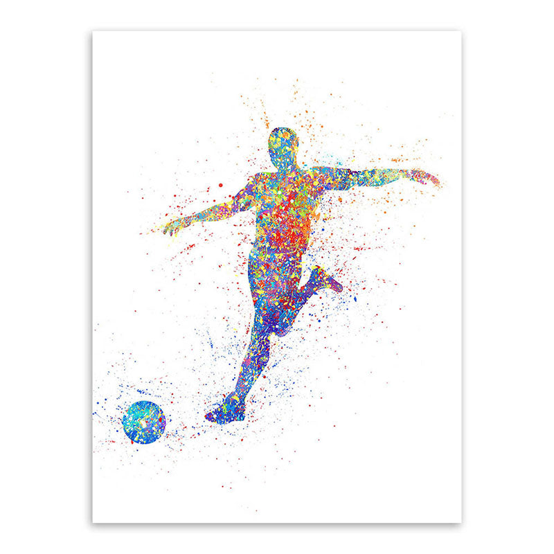 Vivolux | Aquarell Fußball Trainings Wandkunst Blau-Lila Moderner Stil Leinwand für das Jungenzimmer