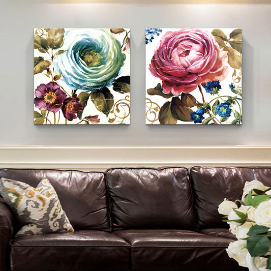 Vivolux | Wunderschönes Pfingstrosen-Wandkunst-Set für das Wohnzimmer Blumenmalerei Leinwanddruck in Pink-Blau