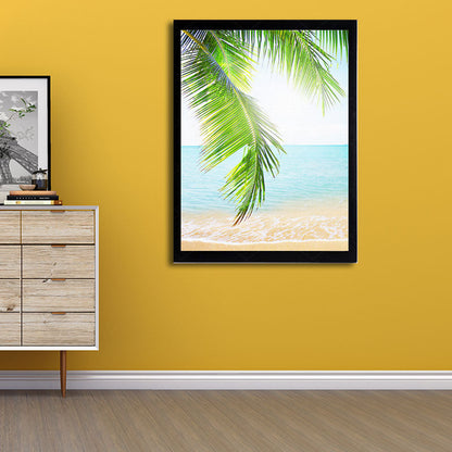 Vivolux | Tropics Palm Tree Branches Leinwanddruck Grün und Blau Strand Seascape Wandkunst