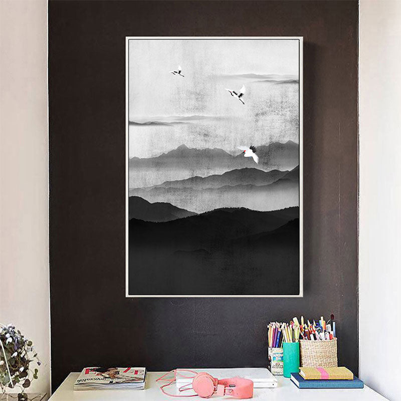Vivolux | Cloudy Mountain View Canvas Art Asiatische Texturierte Wanddekoration in Schwarz für Wohnzimmer