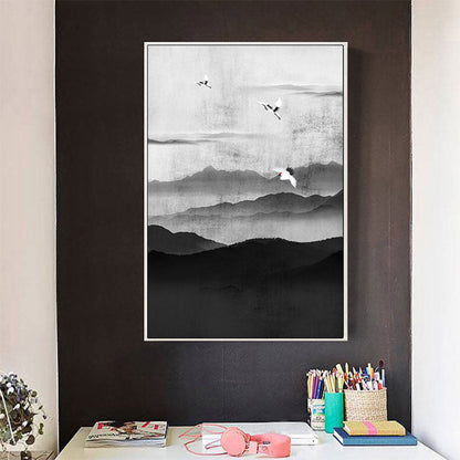 Vivolux | Cloudy Mountain View Canvas Art Asiatische Texturierte Wanddekoration in Schwarz für Wohnzimmer