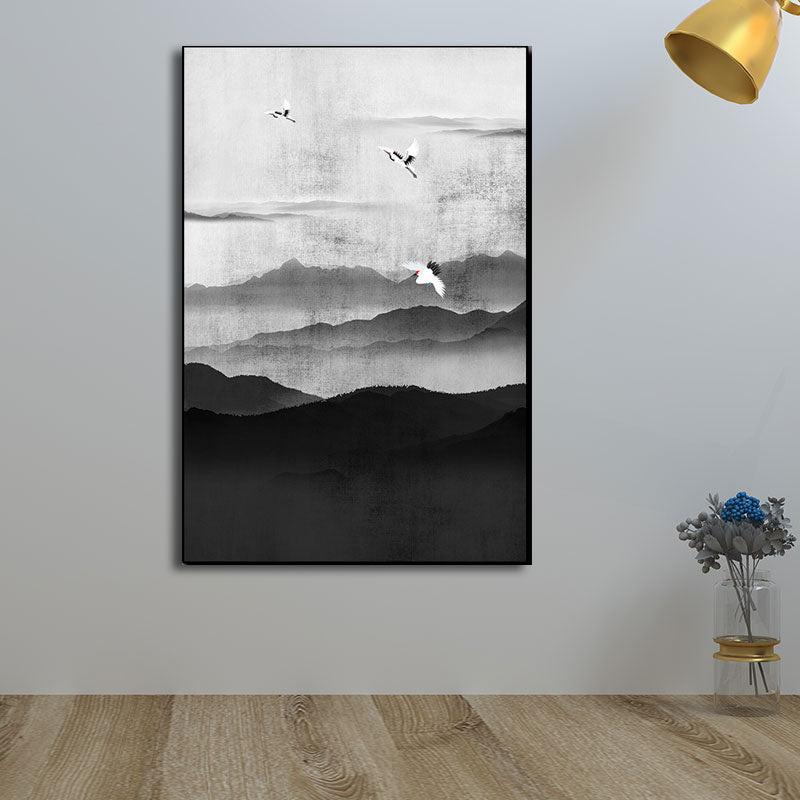 Vivolux | Cloudy Mountain View Canvas Art Asiatische Texturierte Wanddekoration in Schwarz für Wohnzimmer