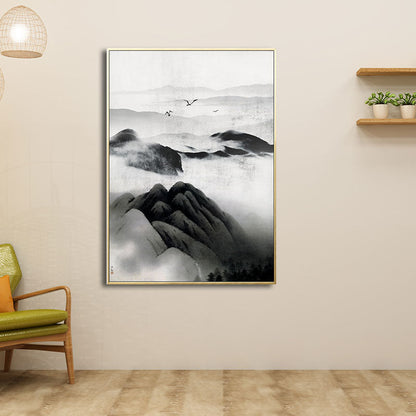 Vivolux | Cloudy Mountain View Canvas Art Asiatische Texturierte Wanddekoration in Schwarz für Wohnzimmer