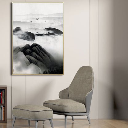 Vivolux | Cloudy Mountain View Canvas Art Asiatische Texturierte Wanddekoration in Schwarz für Wohnzimmer