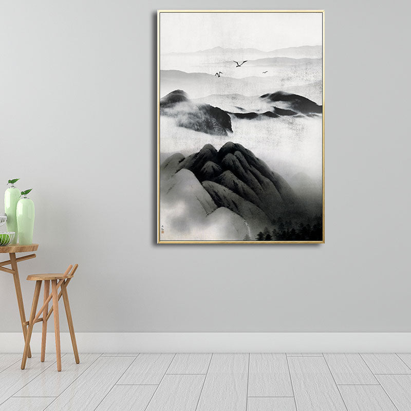Vivolux | Cloudy Mountain View Canvas Art Asiatische Texturierte Wanddekoration in Schwarz für Wohnzimmer