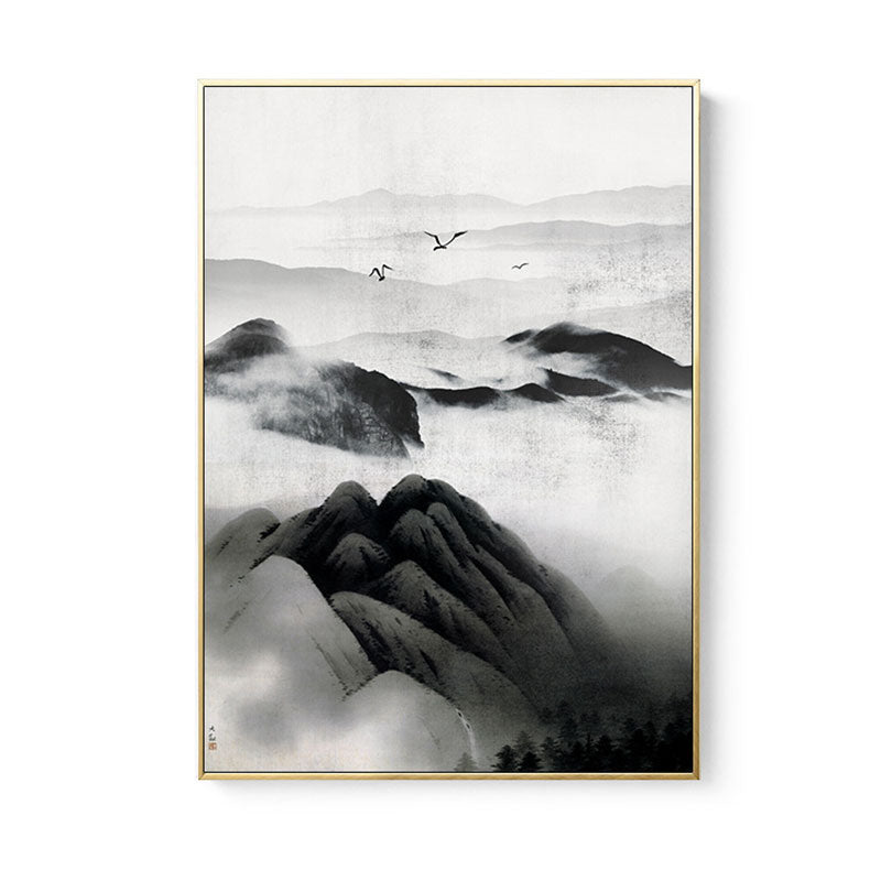 Vivolux | Cloudy Mountain View Canvas Art Asiatische Texturierte Wanddekoration in Schwarz für Wohnzimmer