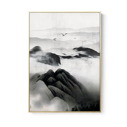 Vivolux | Cloudy Mountain View Canvas Art Asiatische Texturierte Wanddekoration in Schwarz für Wohnzimmer