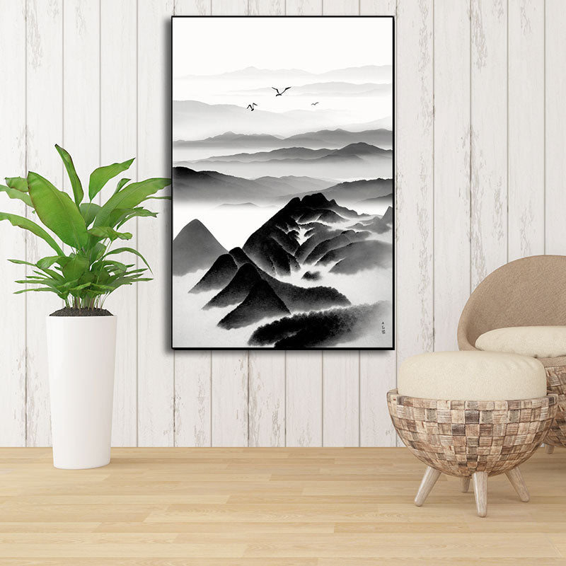 Vivolux | Cloudy Mountain View Canvas Art Asiatische Texturierte Wanddekoration in Schwarz für Wohnzimmer
