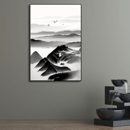 Vivolux | Cloudy Mountain View Canvas Art Asiatische Texturierte Wanddekoration in Schwarz für Wohnzimmer