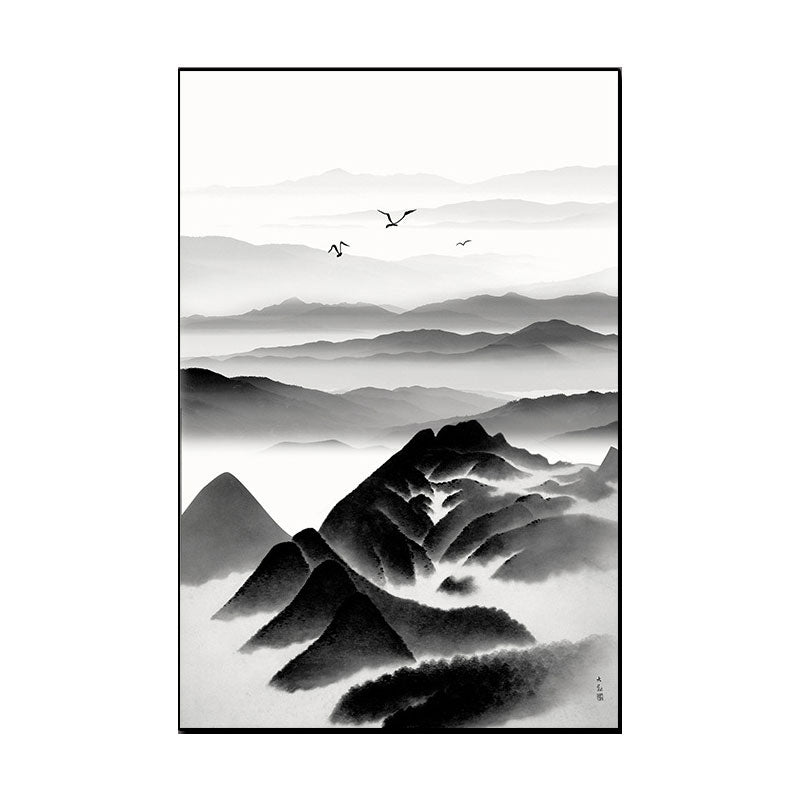 Vivolux | Cloudy Mountain View Canvas Art Asiatische Texturierte Wanddekoration in Schwarz für Wohnzimmer