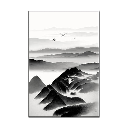 Vivolux | Cloudy Mountain View Canvas Art Asiatische Texturierte Wanddekoration in Schwarz für Wohnzimmer
