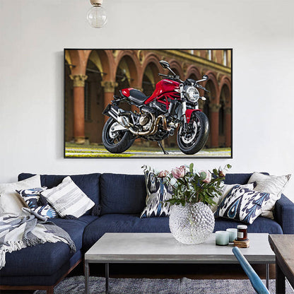 Vivolux | Fotografischer Druck Modernes Leinwandkunstwerk mit Motorrad und Architektur, Rot-Braun