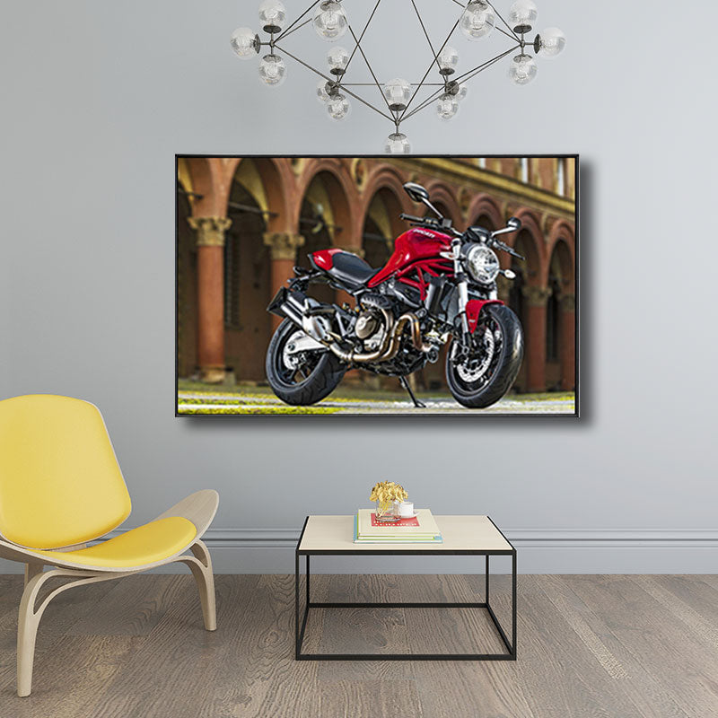 Vivolux | Fotografischer Druck Modernes Leinwandkunstwerk mit Motorrad und Architektur, Rot-Braun