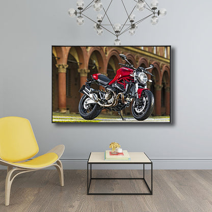 Vivolux | Fotografischer Druck Modernes Leinwandkunstwerk mit Motorrad und Architektur, Rot-Braun