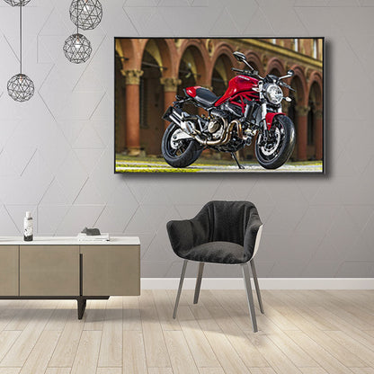 Vivolux | Fotografischer Druck Modernes Leinwandkunstwerk mit Motorrad und Architektur, Rot-Braun