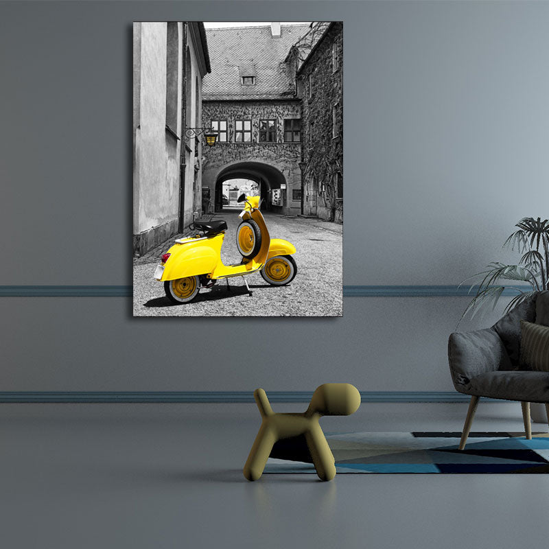 Vivolux | Textured Gelbe Wanddekoration Modernismus Süßes Motorrad in älteren Häusern Leinwand Wandkunst