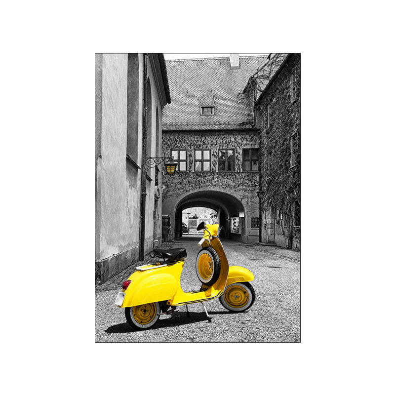 Vivolux | Textured Gelbe Wanddekoration Modernismus Süßes Motorrad in älteren Häusern Leinwand Wandkunst