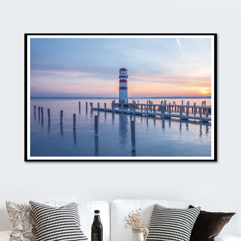 Vivolux | Lighthouse Sunset Zeelandschap Canvas Kunst Modernisme Textuur Wanddecor in Blauw voor Thuis