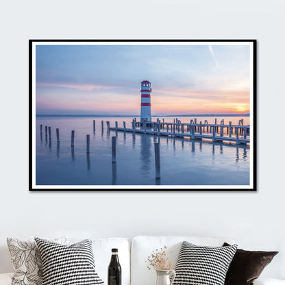 Vivolux | Lighthouse Sunset Zeelandschap Canvas Kunst Modernisme Textuur Wanddecor in Blauw voor Thuis