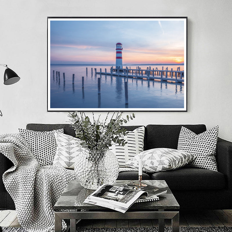 Vivolux | Lighthouse Sunset Zeelandschap Canvas Kunst Modernisme Textuur Wanddecor in Blauw voor Thuis
