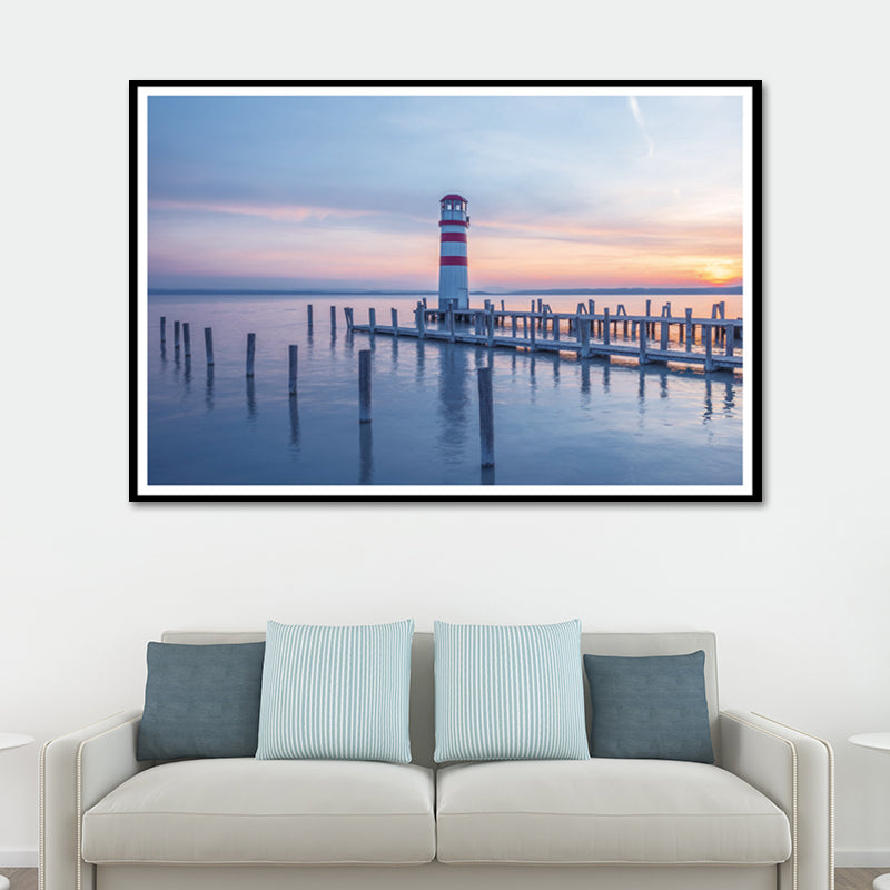 Vivolux | Lighthouse Sunset Zeelandschap Canvas Kunst Modernisme Textuur Wanddecor in Blauw voor Thuis