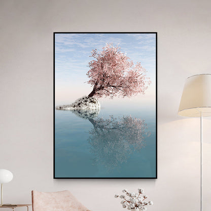 Vivolux | Blossom Tree am See Kunstdruck Zeitgenössische Leinwand Wanddekoration in Pink für das Schlafzimmer