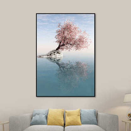 Vivolux | Blossom Tree am See Kunstdruck Zeitgenössische Leinwand Wanddekoration in Pink für das Schlafzimmer