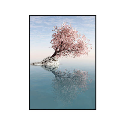 Vivolux | Blossom Tree am See Kunstdruck Zeitgenössische Leinwand Wanddekoration in Pink für das Schlafzimmer