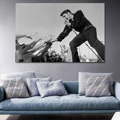 Vivolux | Fotografische Elvis Presley Wandkunst in Schwarzweiß Nostalgischer Leinwanddruck für Zuhause