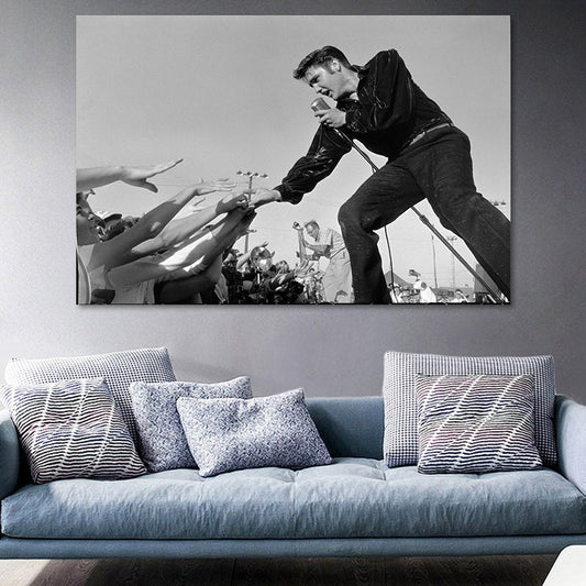 Vivolux | Fotografische Elvis Presley Wandkunst in Schwarzweiß Nostalgischer Leinwanddruck für Zuhause