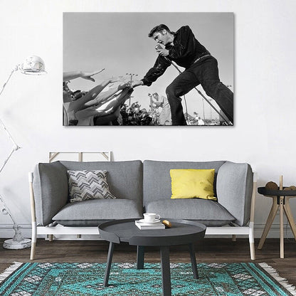 Vivolux | Fotografische Elvis Presley Wandkunst in Schwarzweiß Nostalgischer Leinwanddruck für Zuhause