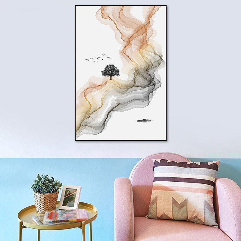 Vivolux | Weißer asiatischer Stil Wandkunst Wasserfluss und Boot Landschaft Leinwanddruck für Wohnzimmer