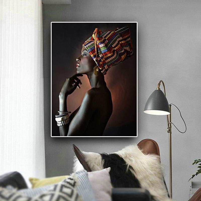 Vivolux | Schwarze Tribal-Frauen-Leinwanddruck Texturierte Oberfläche Wandkunst für die Inneneinrichtung des Hauses