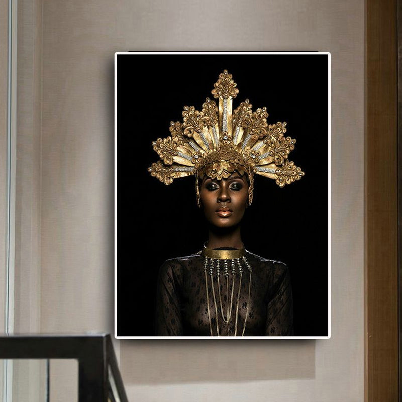 Vivolux | Fashion Crowned African Woman Art Print Glam Canvas Wall Decoration in Gold and Black