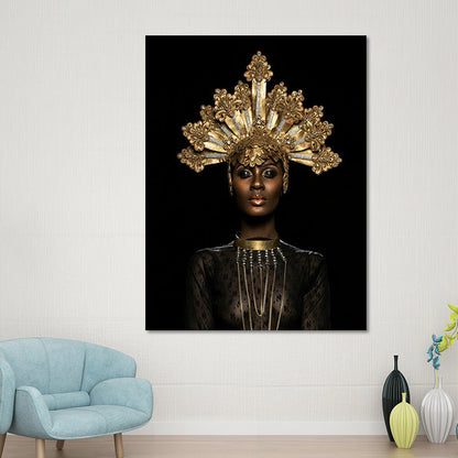 Vivolux | Fashion Crowned African Woman Art Print Glam Canvas Wall Decoration in Gold and Black