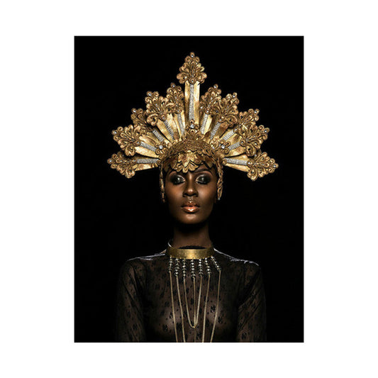 Vivolux | Fashion Crowned African Woman Art Print Glam Canvas Wall Decoration in Gold and Black