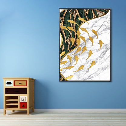 Vivolux | Fisch Flock Wandkunst Dekor Texturiertes Zeitgenössisches Küchencanvasdruck in Weiß und Gold