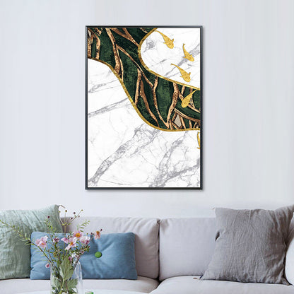 Vivolux | Fisch Flock Wandkunst Dekor Texturiertes Zeitgenössisches Küchencanvasdruck in Weiß und Gold