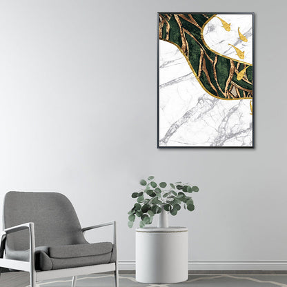 Vivolux | Fisch Flock Wandkunst Dekor Texturiertes Zeitgenössisches Küchencanvasdruck in Weiß und Gold