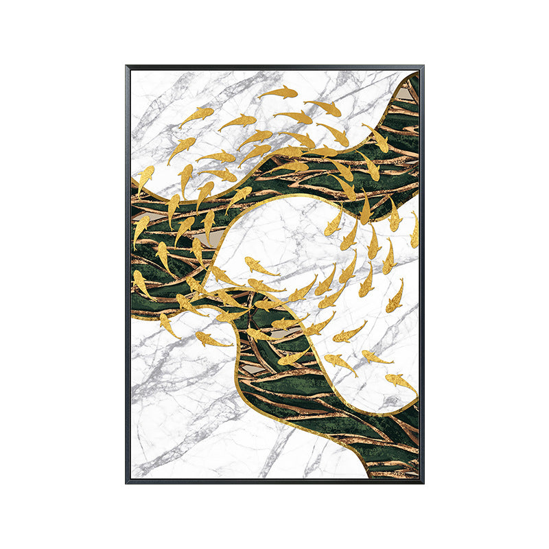 Vivolux | Fisch Flock Wandkunst Dekor Texturiertes Zeitgenössisches Küchencanvasdruck in Weiß und Gold