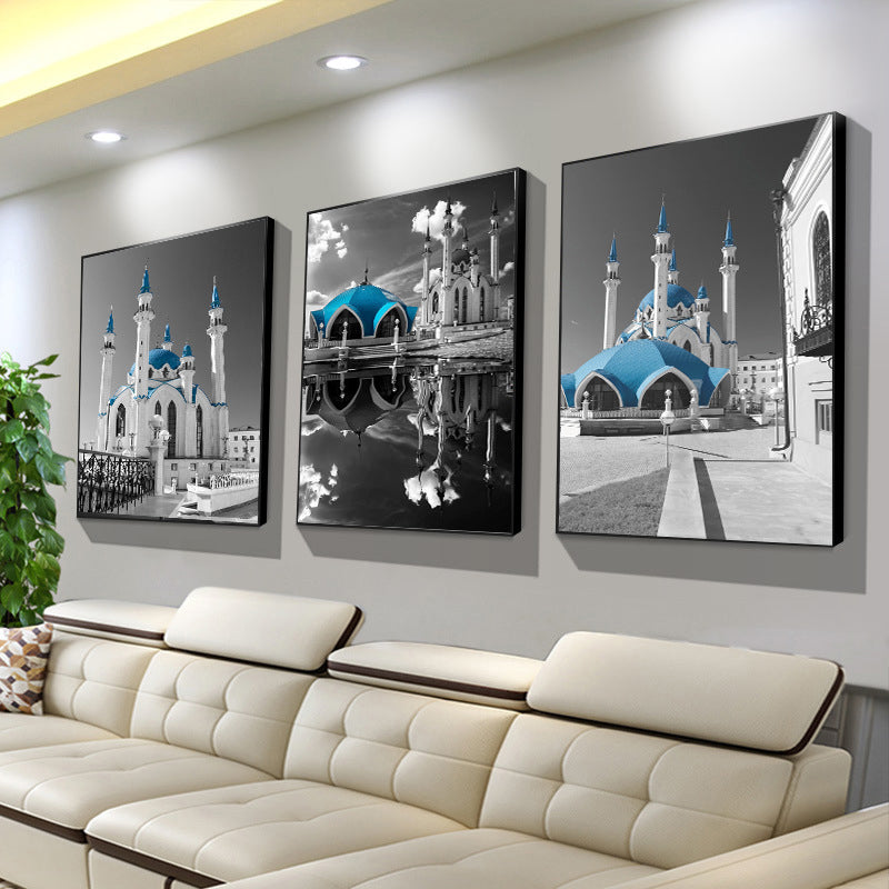 Vivolux | Global Inspired Castle Wall Art Canvas Textured Blue Wall Decor for Sitting Room