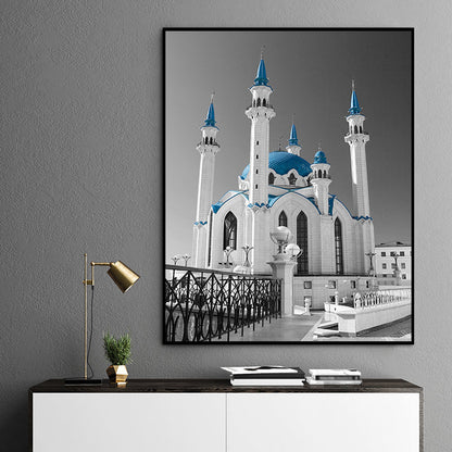 Vivolux | Global Inspired Castle Wall Art Canvas Textured Blue Wall Decor for Sitting Room