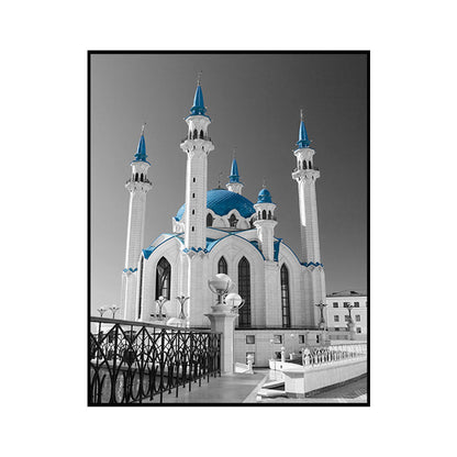 Vivolux | Global Inspired Castle Wall Art Canvas Textured Blue Wall Decor for Sitting Room