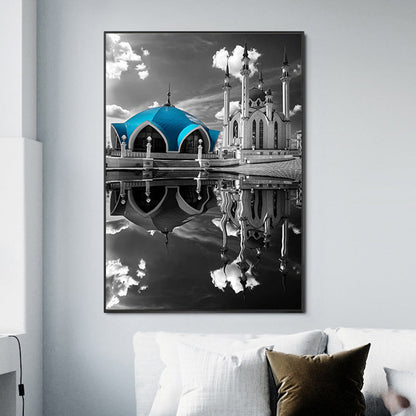 Vivolux | Global Inspired Castle Wall Art Canvas Textured Blue Wall Decor for Sitting Room