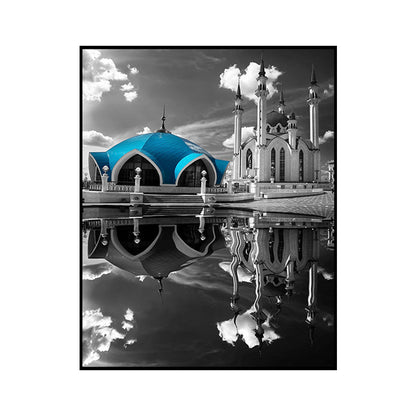 Vivolux | Global Inspired Castle Wall Art Canvas Textured Blue Wall Decor for Sitting Room