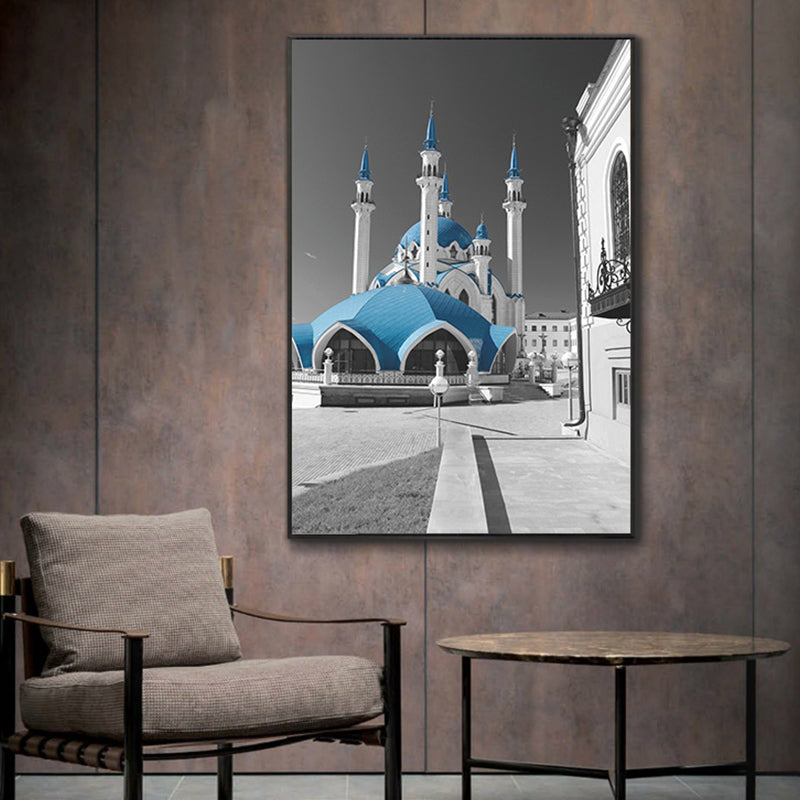 Vivolux | Global Inspired Castle Wall Art Canvas Textured Blue Wall Decor for Sitting Room