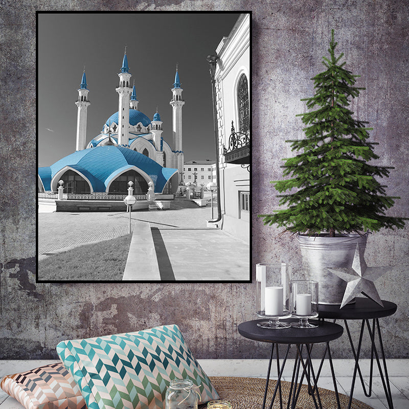 Vivolux | Global Inspired Castle Wall Art Canvas Textured Blue Wall Decor for Sitting Room
