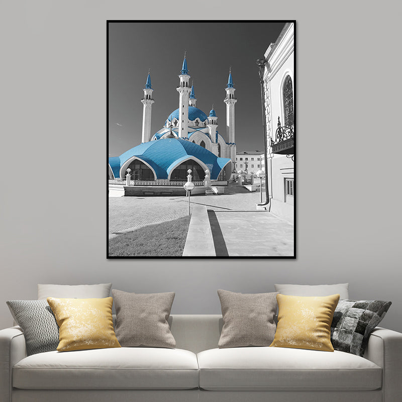 Vivolux | Global Inspired Castle Wall Art Canvas Textured Blue Wall Decor for Sitting Room