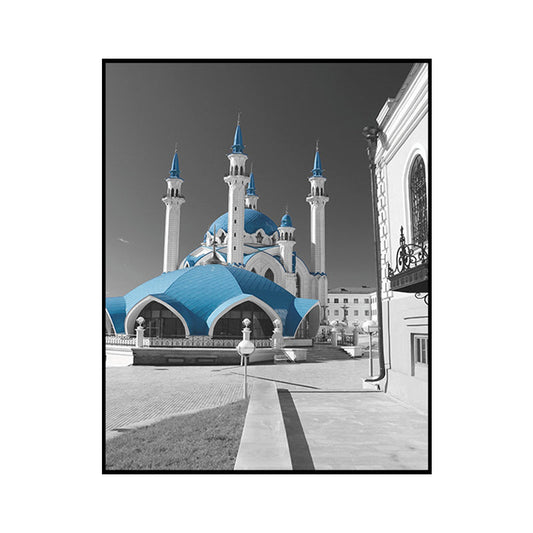 Vivolux | Global Inspired Castle Wall Art Canvas Textured Blue Wall Decor for Sitting Room