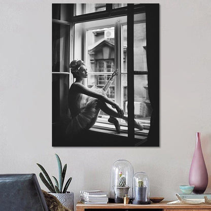 Vivolux | Nostalgische Leinwand Wandkunst Graues Foto Balletttänzerin am Fenster Wanddekoration